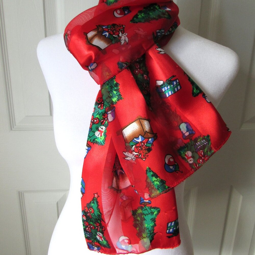 CHRISTMAS TREES Scarf Red Presents 100% Polyester Shiny Silky Tis the Season
